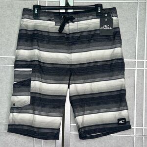 O'Neill Board Shorts Mens 32 Santa Cruz Gray Striped Swim Surf Trunks